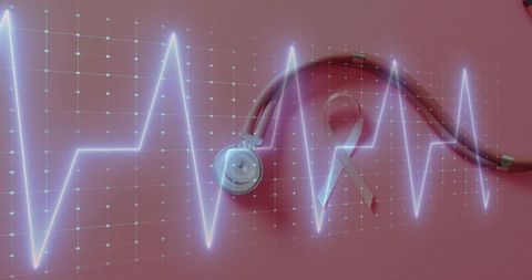 Neon ECG Heartbeat Overlay on Pink Ribbon and Stethoscope for Cancer Care
