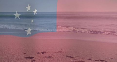 Samoa flag overlaying tranquil tropical beach and ocean horizon with transparent effect