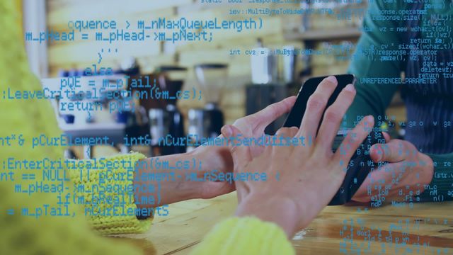 Woman paying at cafe using contactless smartphone technology. Hands holding smartphone completing digital transaction on wooden table with coding overlay symbolizing financial technology. Suitable for articles on fintech, digital payments, modern retail solutions, and technology in small businesses.