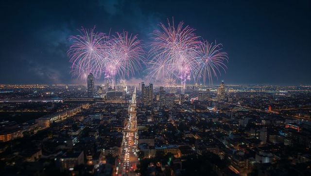 Spectacular Fireworks Over Urban Night Skyline Celebration