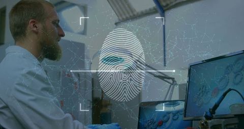 Caucasian Scientist Using Computer with Digital Security Interface