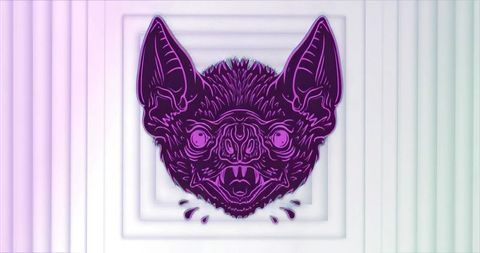 Neon purple bat head illustration with concentric rectangular frames and futuristic glow