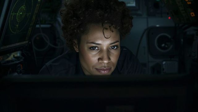 Focused black female ship technician monitoring radar and navigation consoles on bridge