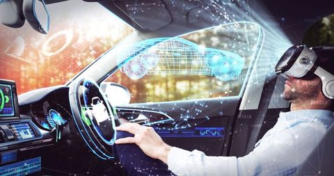 Businessman in Autonomous Vehicle with VR Headset and Holographic Interface