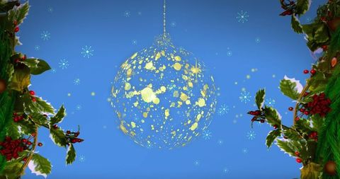 Festive yellow splatter ornament in blue sky with holly and snowflakes