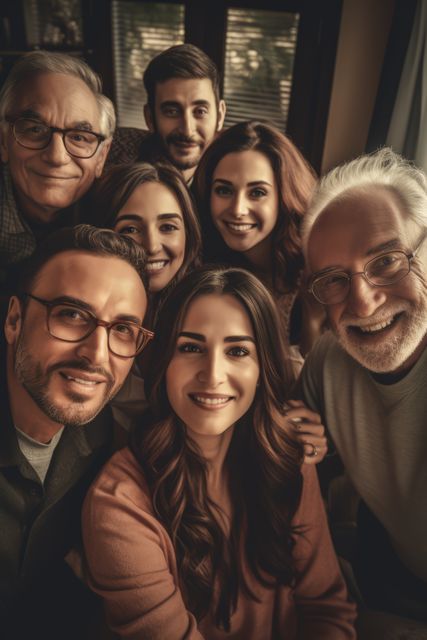 Joyful multi-generational family showcasing smiles and unity in cozy home environment. Ideal for ads about family bonds, multi-generational living, or health and lifestyle products promoting family togetherness. Perfect for social media campaigns about family and holidays.