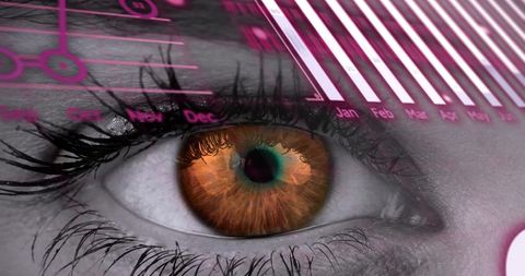 Digital data overlay on human eye symbolizing cyber connectivity