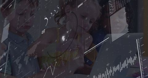 Diverse Schoolchildren Engaged in Digital Learning with Tech Overlay