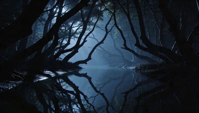 Moonlit forest reflection misty stream mirroring gnarled trees under eerie blue light