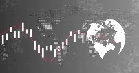 Monochrome Global Market Candlestick Chart with Sinuous Red Trend Line and Stylized Globe