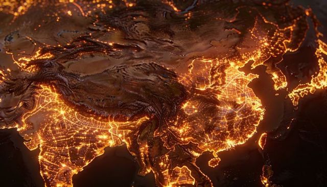 Glowing nighttime map of asia showing urban light networks and himalayan topography