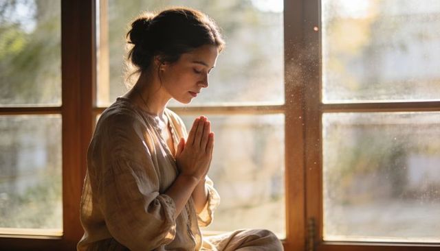 Sunlit woman meditating by wooden window in linen robe practicing mindfulness and prayer