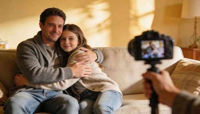 Father daughter embracing on cozy sofa recording family vlog moment at home