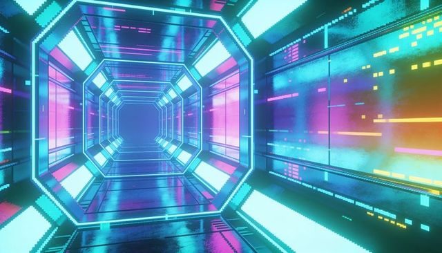 Glowing neon octagonal tunnel receding to vanishing point with cyberpunk led panels
