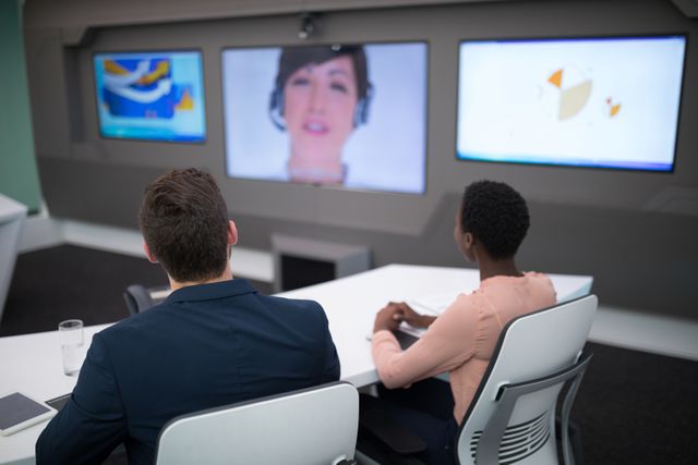 Male and female executives having video call in office