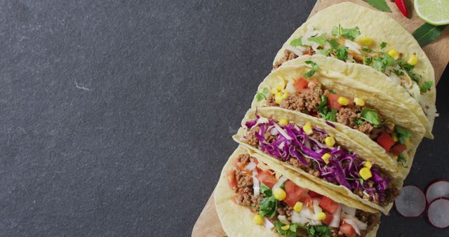 Image of freshly prepared tacos lying on grey background. cuisine, cooking, food preparing, taste and flavour concept.