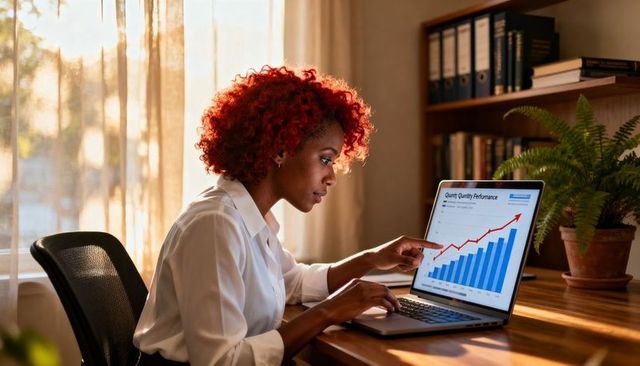 Female professional analyzing sales growth dashboard on laptop in sunlit home office