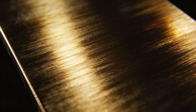 Brushed gold metal panel showing reflective linear grain and beveled edge closeup texture