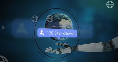 Robot Hand Displaying Social Media Followers Globally