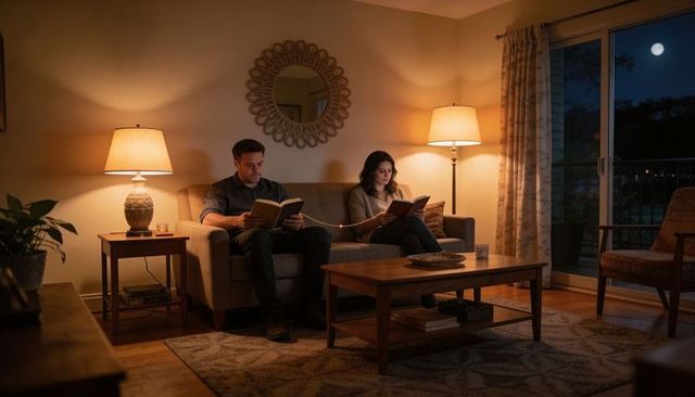 Couple reading together on sofa at night under warm lamp light and cozy living room