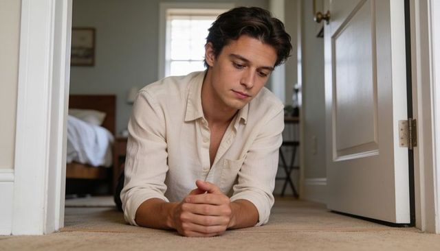 Young man lying in bedroom doorway contemplating life, pensive solitude in home interior