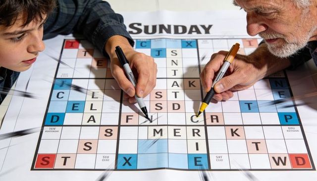 Grandad and teen solving giant sunday crossword together with markers and colorful grid