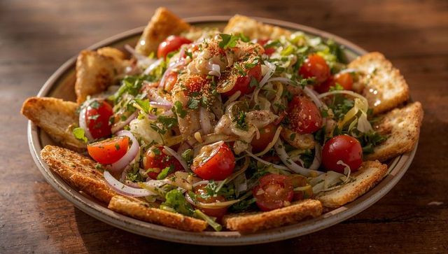 Rustic cherry tomato and red onion salad with crispy garlic croutons and herb vinaigrette