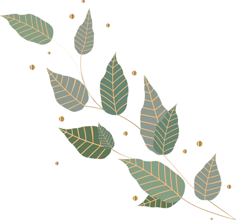 Elegant stylized branch with gold veined leaves on transparent background