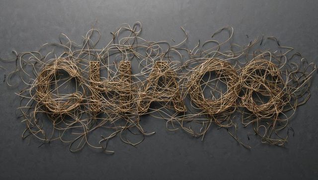Coiled straw twine forming chaos lettering with loose strands on dark slate surface