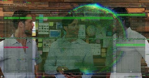 Business team collaborating over tablet with holographic cyber data overlay in modern wood workspace