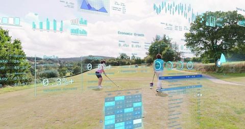 Augmented reality golfers walking fairway with hud data overlay for sports tech concepts