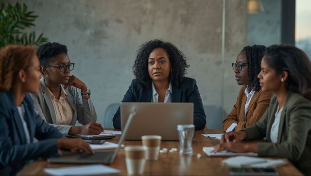 Confident Businesswoman Leading Team Meeting in Modern Office Setting
