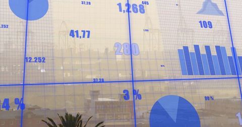 Displaying Blue Data Overlay on Office Window Showing Waterfront Skyline Charts and Graphs