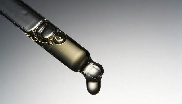 Macro glass dropper releasing pale yellow oil droplet with air bubbles on soft gradient