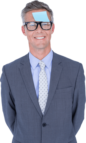 smiling businessman with transparent sticky note on forehead - Download Free Stock Videos Pikwizard.com
