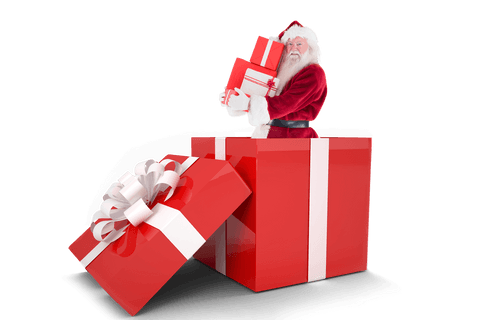 Santa claus presents holiday gifts from giant red box on transparent background