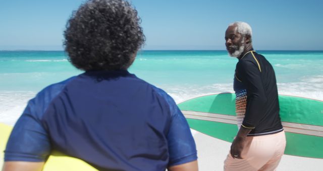 Senior Surfers Holding Surfboards on Tropical Beach - Download Free Stock Images Pikwizard.com