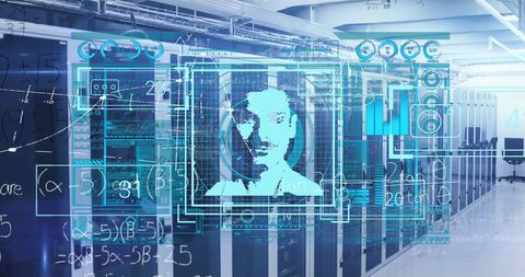 Futuristic interface with digital identity concept over server room