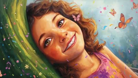 Smiling Girl Leaning on Tree in Garden Breeze with Butterflies and Confetti - Painterly