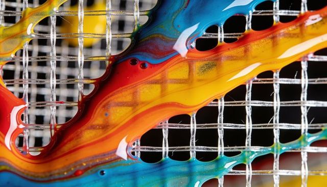 Glossy multicolor paint dripping over silver wire mesh grid macro abstract texture