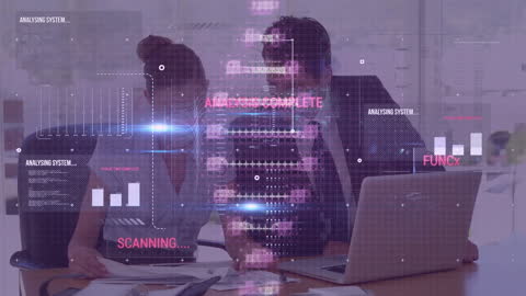 Business Professionals Analyzing Futuristic Data Visualizations in Office