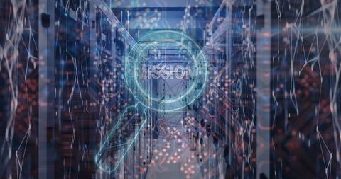 Digital Mission Concept with Servers and Magnifying Glass