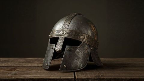 Medieval iron helmet with engraved bands and rivets on wooden table