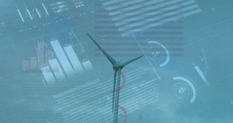 Wind turbine with data overlay signifies renewable energy trends