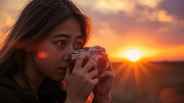 Young woman capturing golden hour with vintage film camera at sunset, dramatic lens flare