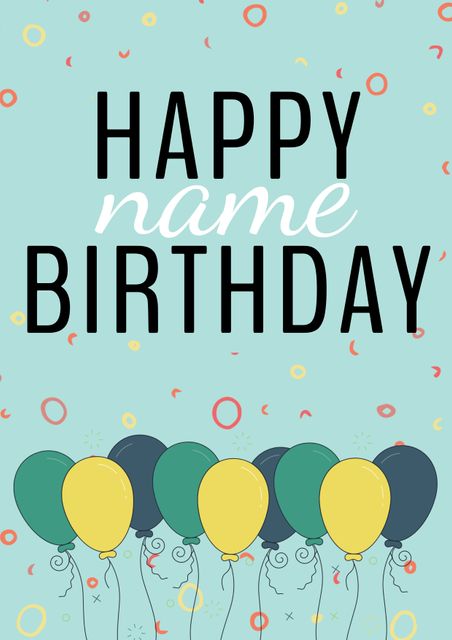 Perfect for birthday celebrations, this cheerful card features bold 'Happy Birthday' text accompanied by joyful balloons and playful confetti on a blue background, ideal for sending personalized birthday wishes.