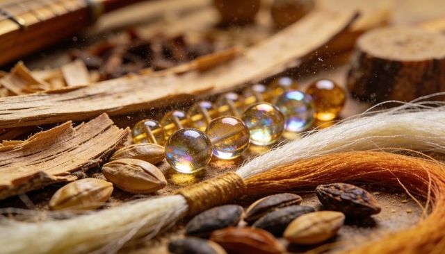 Iridescent glass marbles arranging across wood shavings with natural tassel macro texture