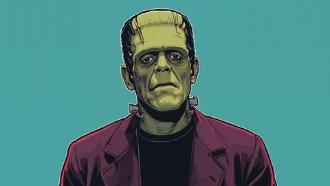 Stylized frankenstein monster portrait on teal background