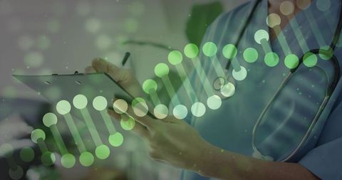 Clinician writing patient notes wearing stethoscope with dna helix overlay for genomics