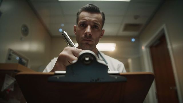 Focused doctor writing notes in hospital corridor perspective view